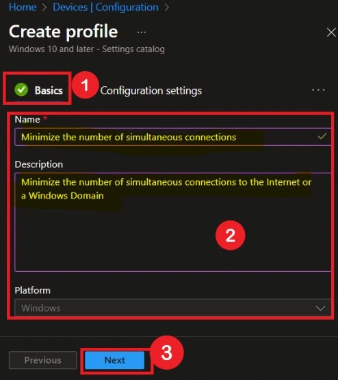 Selecting Windows 10 and later platform with Settings catalog profile type